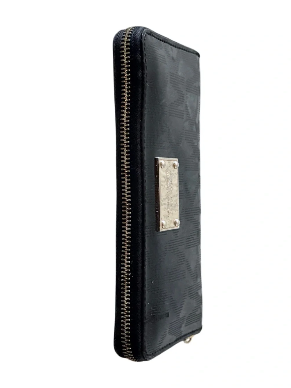 Michael Kors Black Patent Embossed Logo Zip Around Accordion Wallet Gold Tone